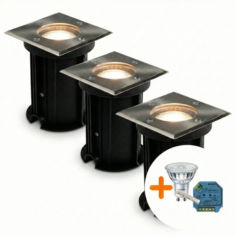 3-teiliges Smart-LED-Bodenstrahler-Set, GU10, quadratisch, Edelstahl, IP66, inkl. Philips-Lichtquelle, HUE-kompatibel