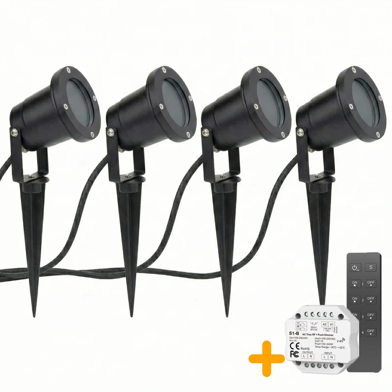 4-teiliges Set | Gartenstrahler GU10 | Komplettset | Inkl. 4x PHILIPS Strahler | Kabellos dimmbar mit Fernbedienung