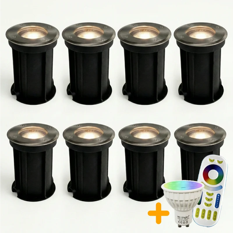 8-teiliges LED-Bodenstrahler-Set (GU10, rund) mit RGBCCT-Lichtquelle und Fernbedienung, Rhodos-Edelstahl, IP66