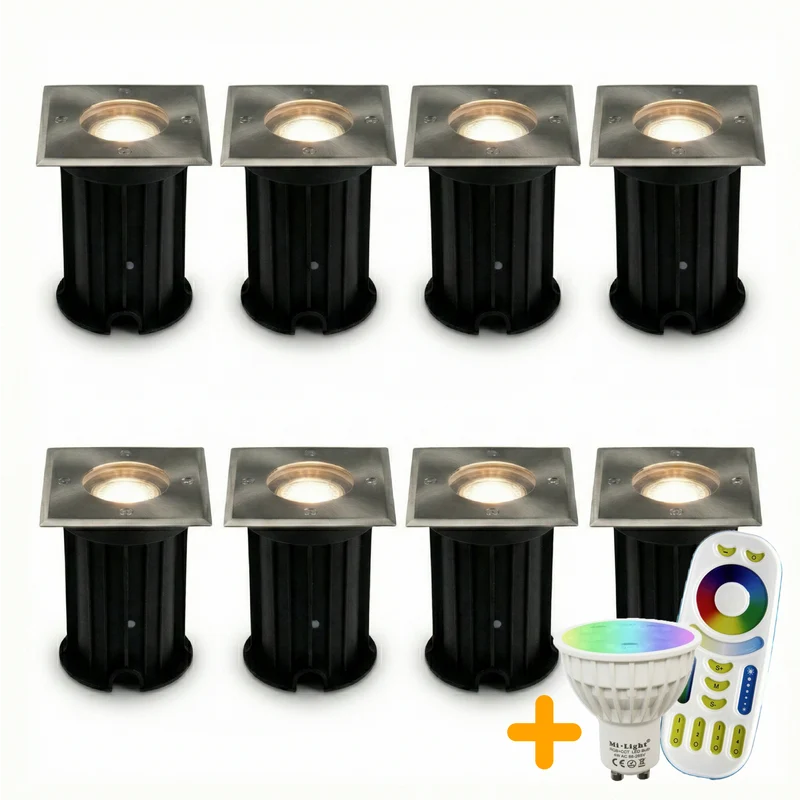 8-teiliges LED-Bodenstrahler-Set (GU10, quadratisch) mit RGBCCT-Lichtquelle und Fernbedienung, Edelstahl, Schutzart IP66