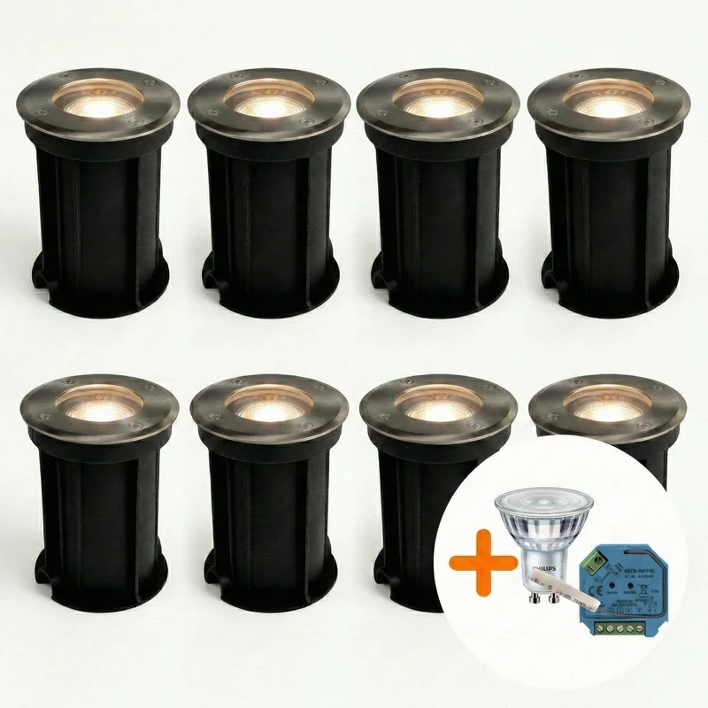 8-teiliges Smart-LED-Bodenstrahler-Set, GU10, rund, Rhodes Edelstahl, IP66, inkl. Philips-Lichtquelle, HUE-kompatibel