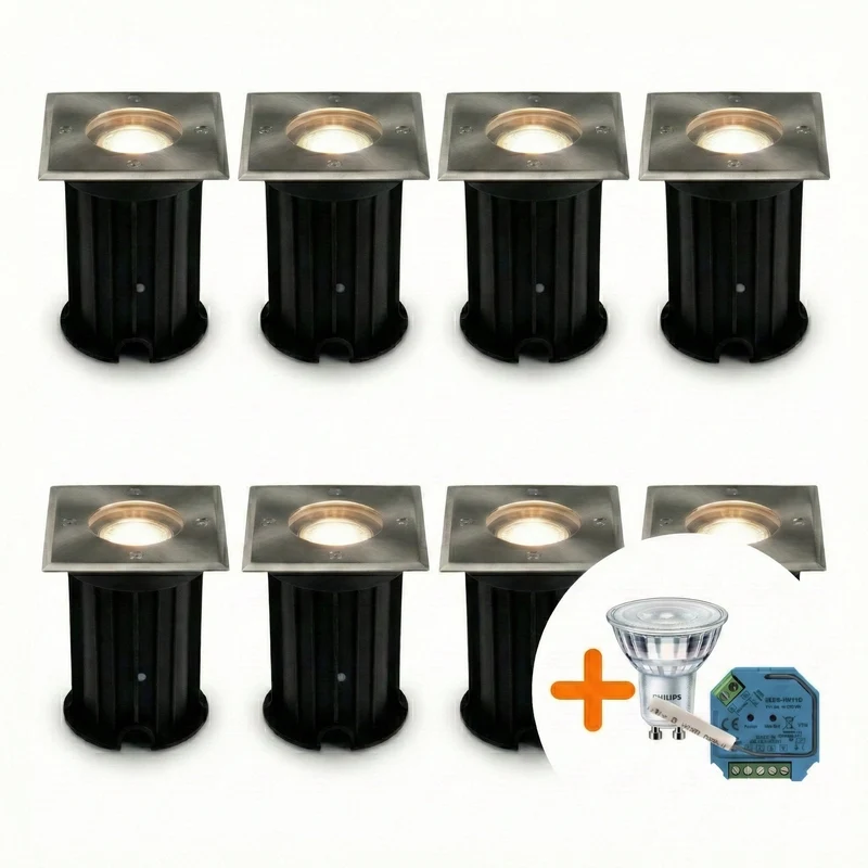 8-teiliges Smart-LED-Bodenstrahler-Set, GU10, quadratisch, Athen, Edelstahl, IP66, inkl. Philips-Lichtquelle, HUE-kompatibel
