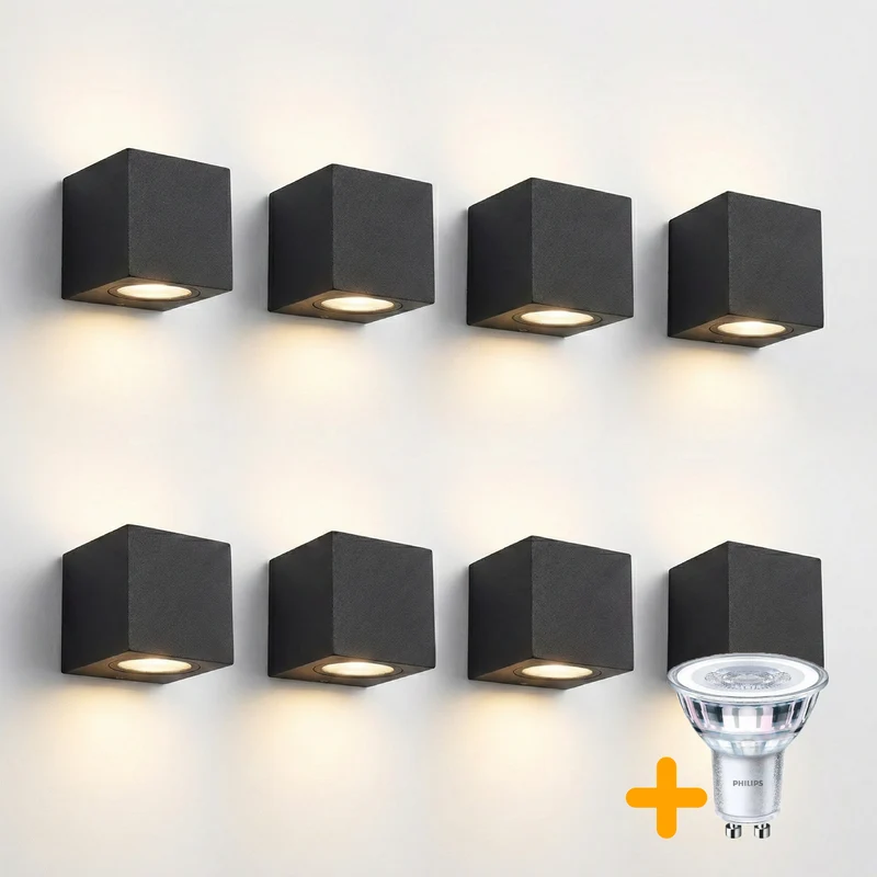 8-teilig | Wand-/Außenleuchte | Inkl. 8x PHILIPS Strahler | Komplett | San Diego | IP44 | 1x GU10 | Schwarz