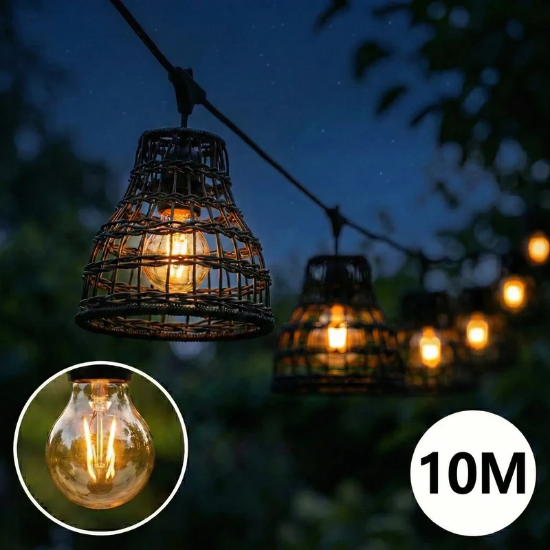Komplette Lichterkette mit 10 Lampenschirmen | 10 Meter | Schwarzer Bambus | Verbindbar | E27 | Inklusive 1-Watt-Glühbirnen