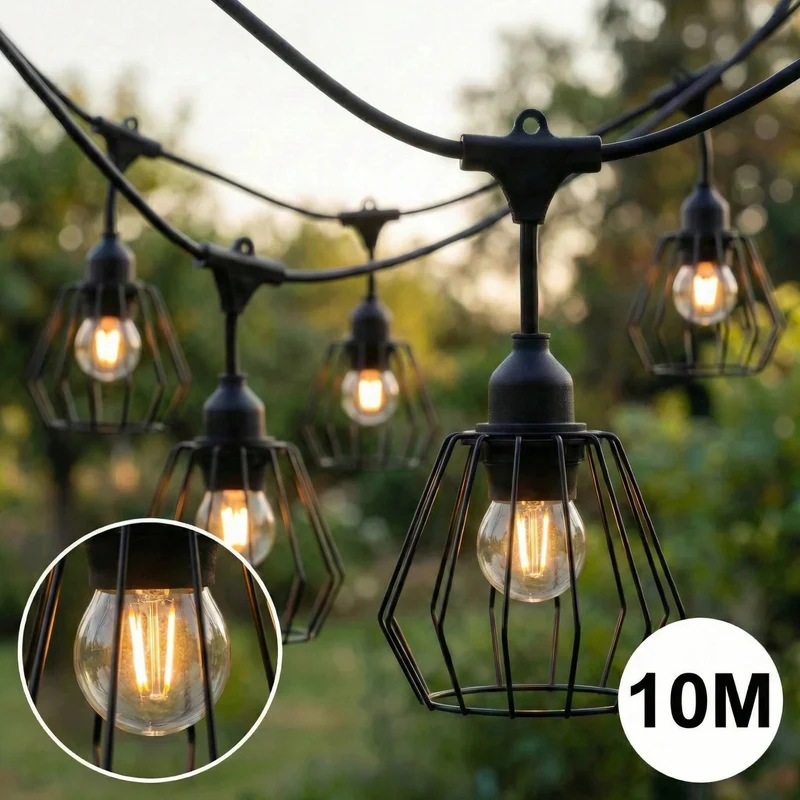 Komplette Lichterkette mit 10 Lampenschirmen | 10 Meter | Industrieller Lampenschirm | Verkettbar | E27 | Inkl. 1-W-Glühbirnen