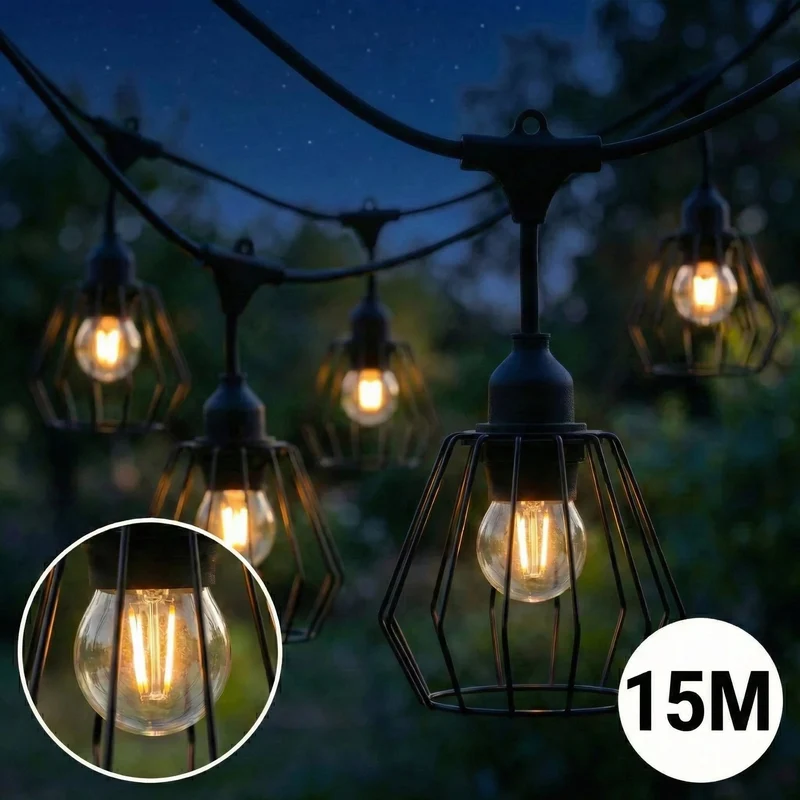 Komplette Lichterkette mit 15 Lampenschirmen | 15 Meter | Industrielampenschirm | Verkettbar | E27 | Inkl. 1-W-Glühbirnen