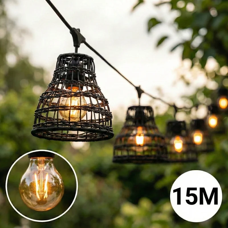 Komplette Lichterkette mit 15 Lampenschirmen | 15 Meter | Schwarzer Bambus | Verbindbar | E27 | Inklusive 1-Watt-Glühbirnen