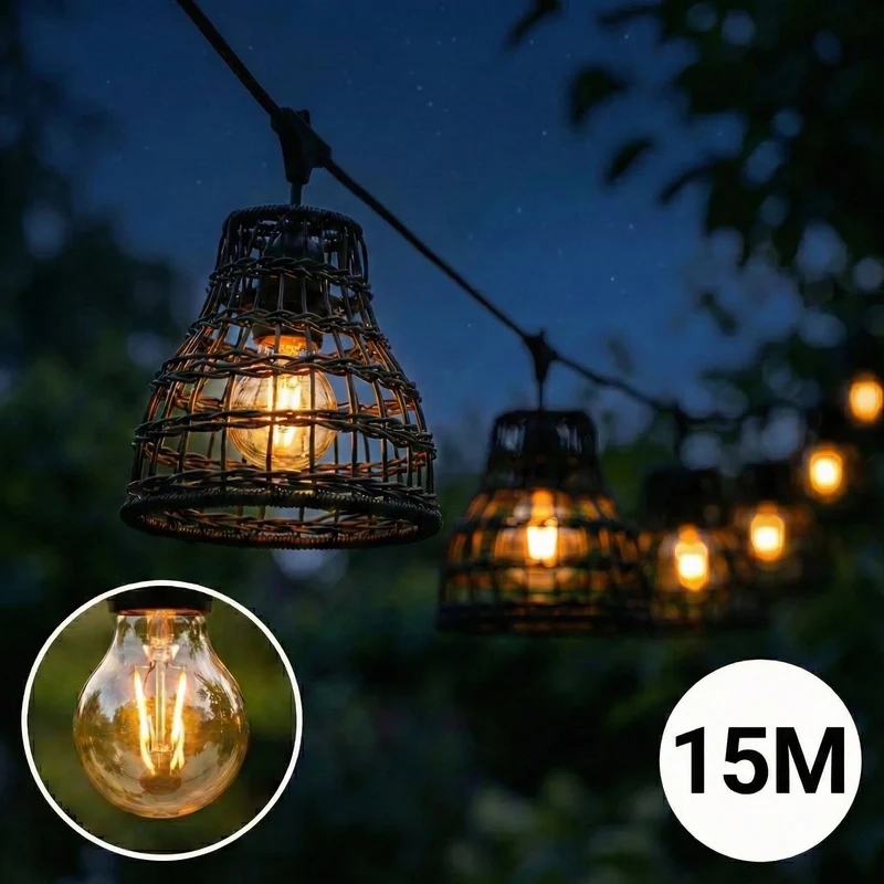Komplette Lichterkette mit 15 Lampenschirmen | 15 Meter | Schwarzer Bambus | Verbindbar | E27 | Inklusive 1-Watt-Glühbirnen