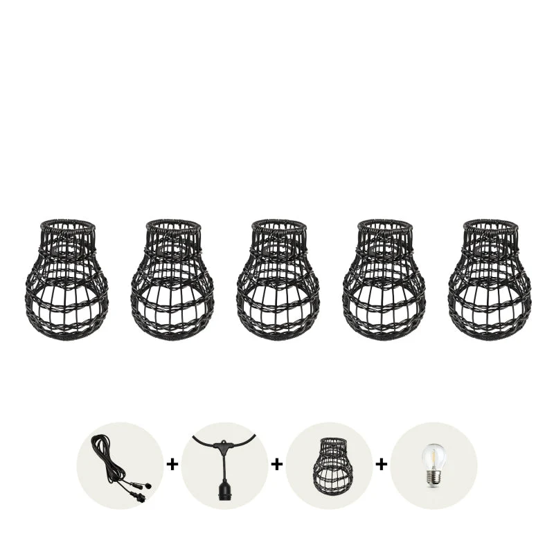 Komplette Lichterkette mit 15 Lampenschirmen | 15 Meter | Schwarzer Bambus | Verbindbar | E27 | Inklusive 1-Watt-Glühbirnen