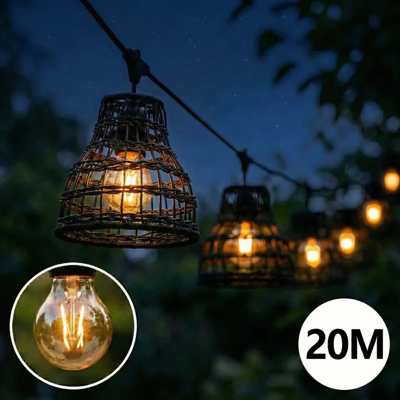Komplette Lichterkette mit 20 Lampenschirmen | 20 Meter | Schwarzer Bambus | Verbindbar | E27 | Inklusive 1-Watt-Glühbirnen