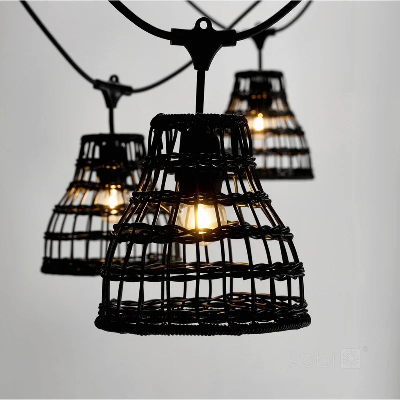 Komplette Lichterkette mit 20 Lampenschirmen | 20 Meter | Schwarzer Bambus | Verbindbar | E27 | Inklusive 1-Watt-Glühbirnen