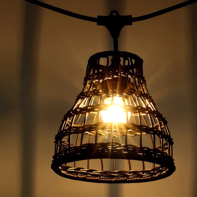 Komplette Lichterkette mit 20 Lampenschirmen | 20 Meter | Schwarzer Bambus | Verbindbar | E27 | Inklusive 1-Watt-Glühbirnen