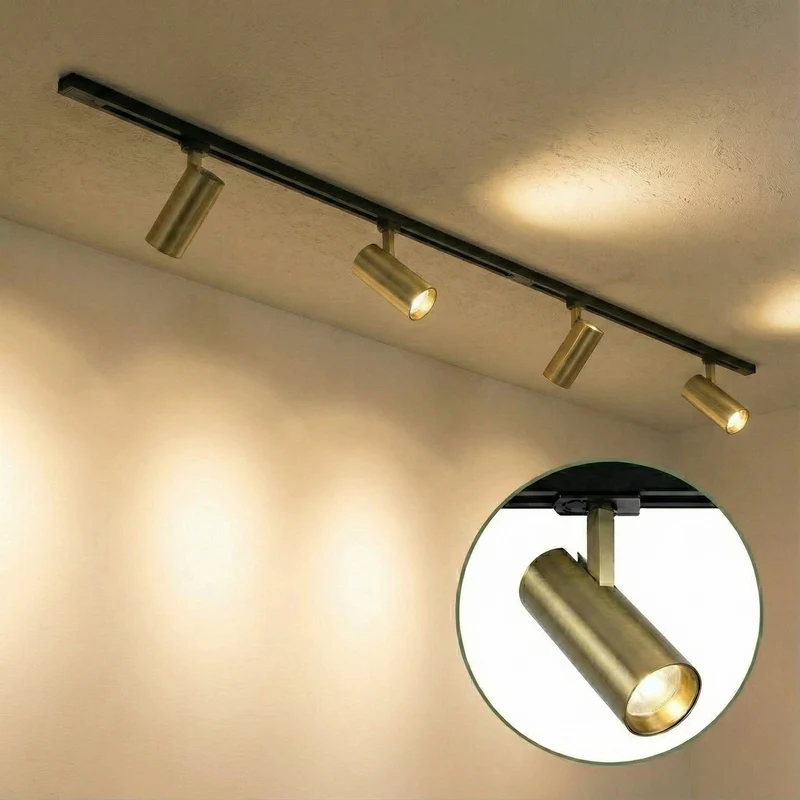 Einphasige Schienenbeleuchtung / Schienensystem | 300 cm | Schwarz | 5 Messing-Schienenstrahler | Dimmbar | Einstellbare Lichtfarbe