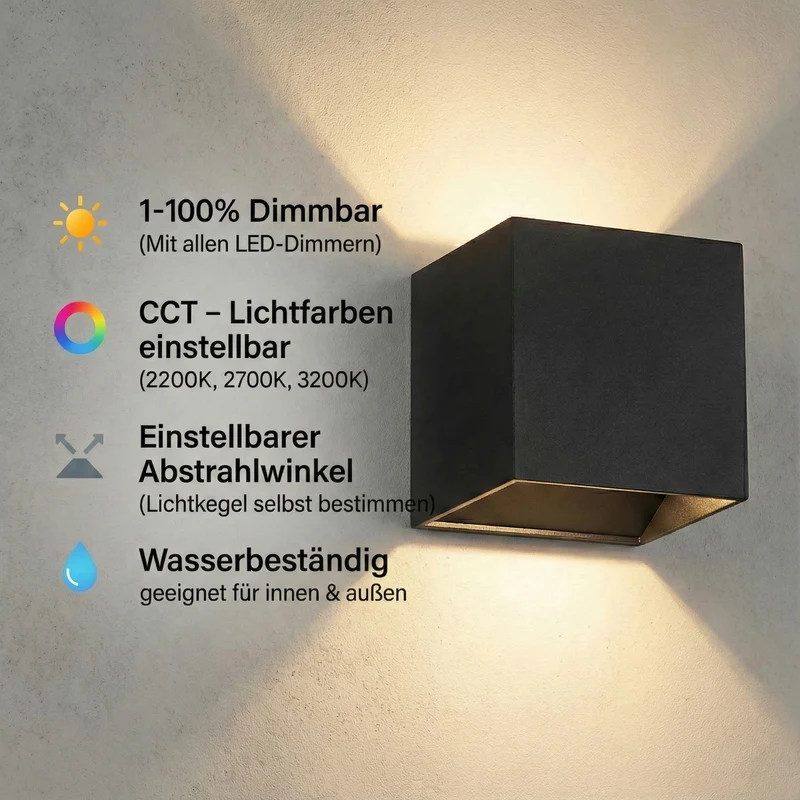 8x LED-Wandleuchte | Innen und außen | Dimmbar | Schwarz | Einstellbare Lichtfarbe | inkl. Leuchtmittel