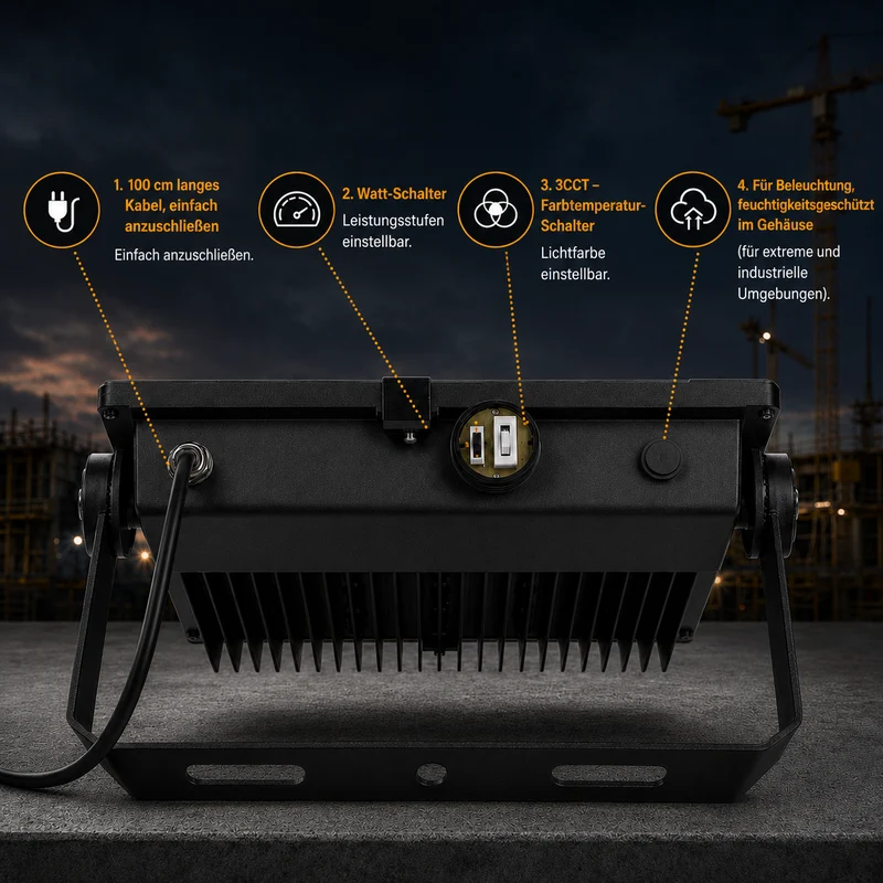 LED Industrielle Bauleuchte | Aurus | 100W, 80W, 60W Schalter | Schwarz | Einstellbare Lichtfarbe