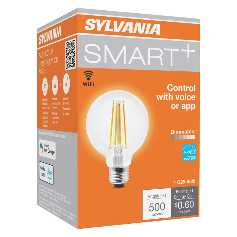 SYLVANIA Wifi LED Smart G25 Light Bulb, 5W, with Filament, for Alexa / Google Assistant, Energy Star, Clear, 2700K, Soft White - 1 PK