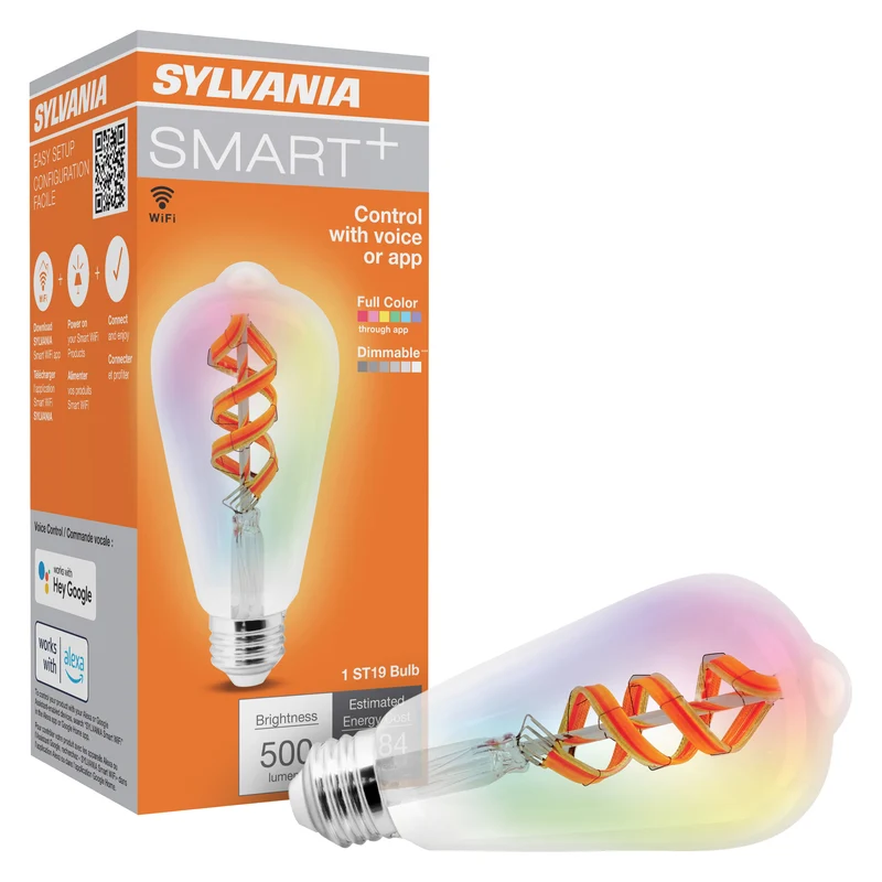 SYLVANIA Wifi LED Smart ST19 RGBW Color and Amber Finish Filament Light Bulb, 7W, for Alexa / Google Assistant, 2000K, No Hub Required, Clear - 1 PK