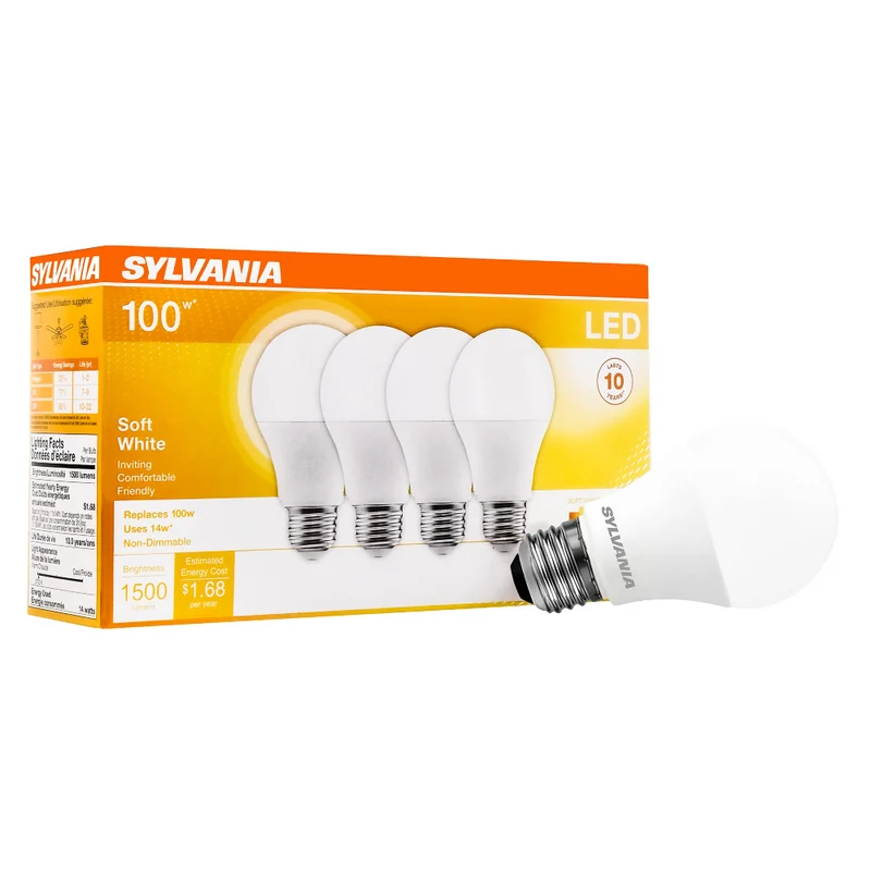 SYLVANIA LED Light Bulb, A19, 14W, 10 Year, Non-Dimmable, 2700K, Soft White - 4 Pk