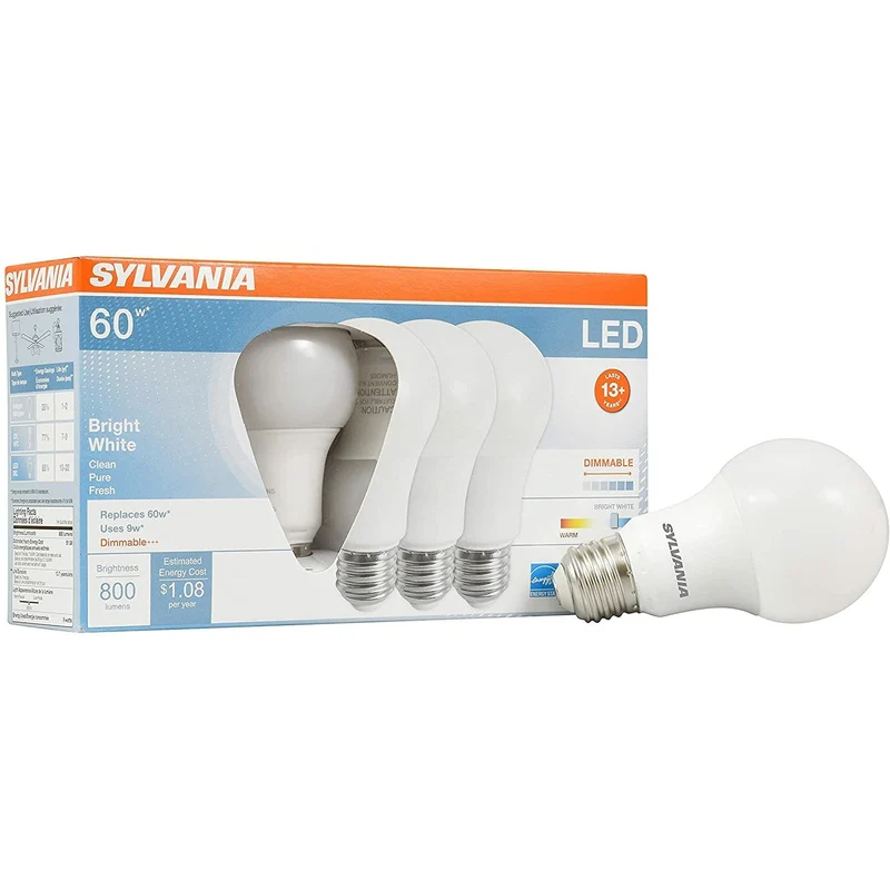 SYLVANIA LED Light Bulbs, A19, 60W=9W, Dimmable, 13 Year, 3500K, Bright White - 4 Pk