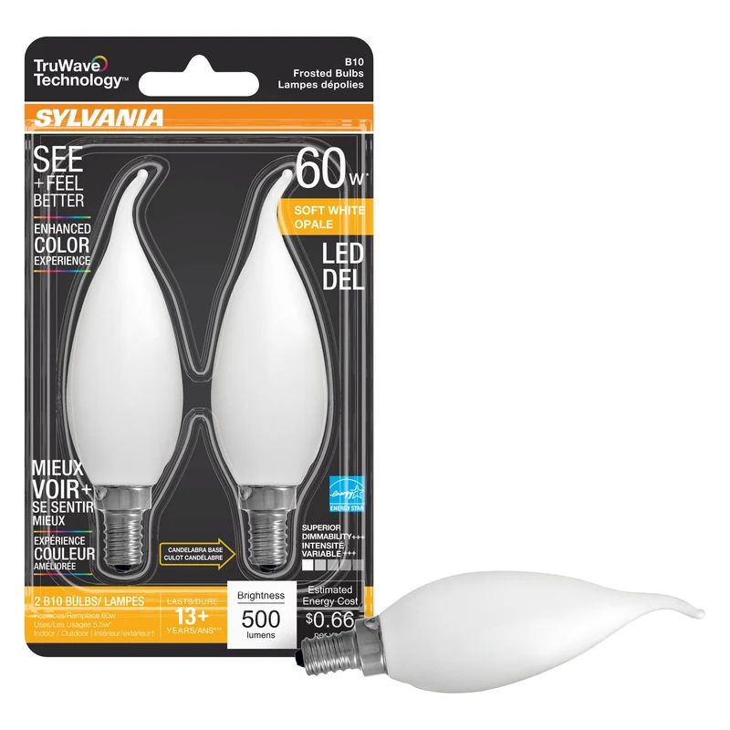 SYLVANIA LED TruWave Natural Series Décor B10 Light Bulb, 60W, Candelabra Base, Dimmable, Frosted, 2700K, Soft White - 2 Pk