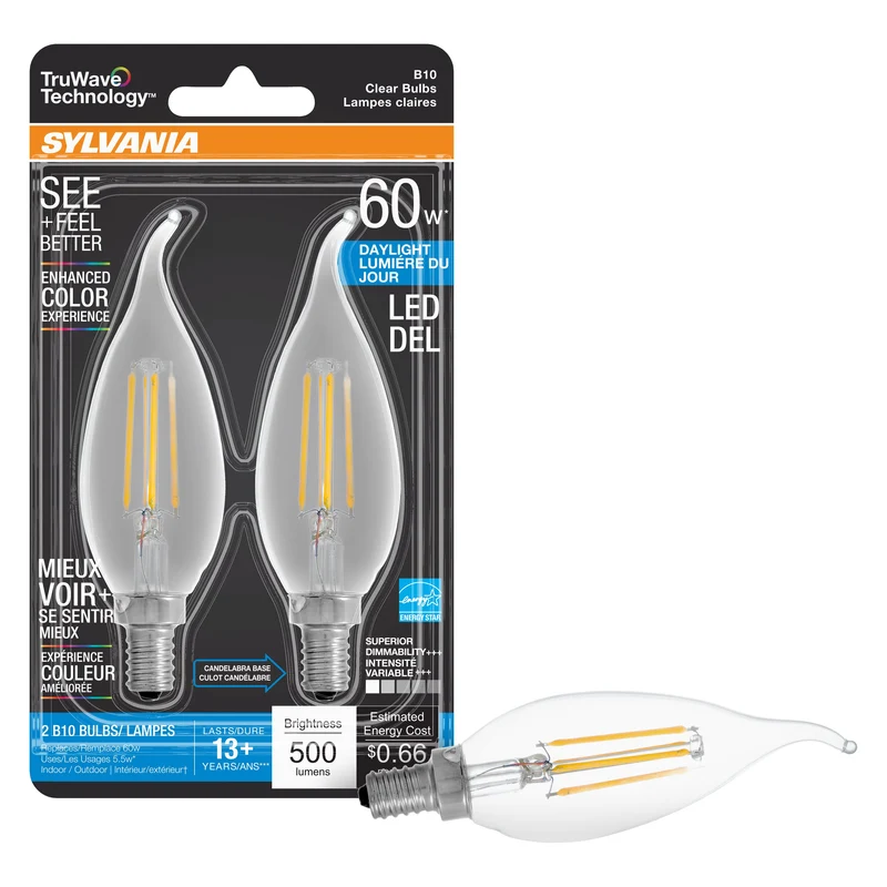 SYLVANIA LED TruWave Natural Series Décor B10 Light Bulb, 60W, Candelabra Base, Dimmable, Clear, 5000K, Daylight - 2 Pk