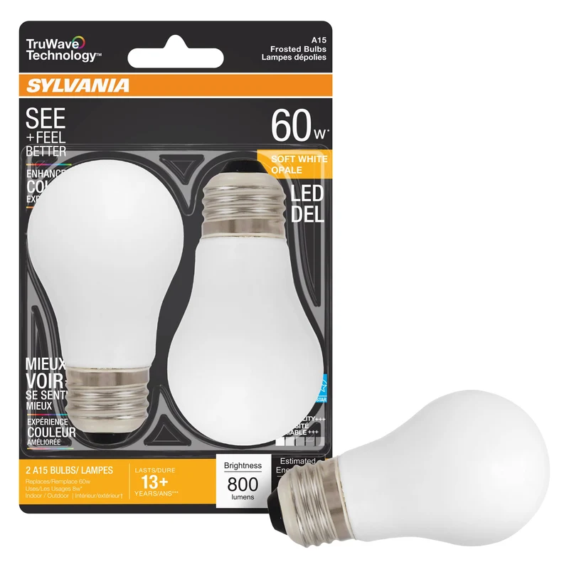 SYLVANIA LED TruWave Natural Series Décor A15 Light Bulb, 60W, Dimmable, Frosted, 2700K, Soft White - 2 Pk