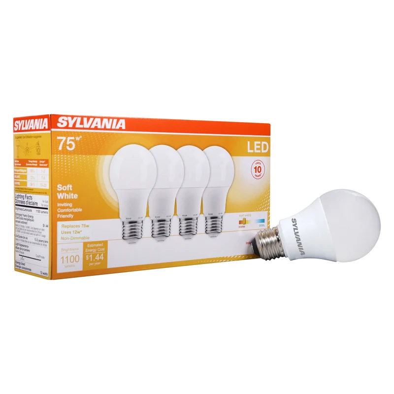 SYLVANIA LED A19 Light Bulb, 75W = 12W, Non-Dimmable, Frosted Finish, 1100 Lumens, 2700K, Soft White - 4 Pk