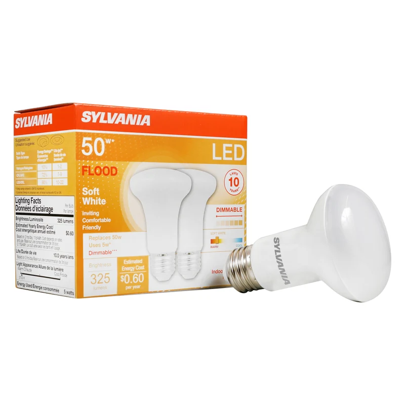 SYLVANIA LED R20 Flood Light Bulb, 50W = 5W, 10 Year, Dimmable, Frosted Finish, 325 Lumens, 2700K, Soft White - 2 Pk
