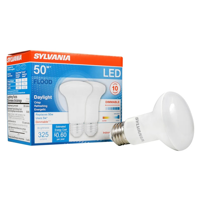 SYLVANIA LED R20 Flood Light Bulb, 50W = 5W, 10 Year, Dimmable, Frosted Finish, 325 Lumens, 5000K, Daylight - 2 Pk