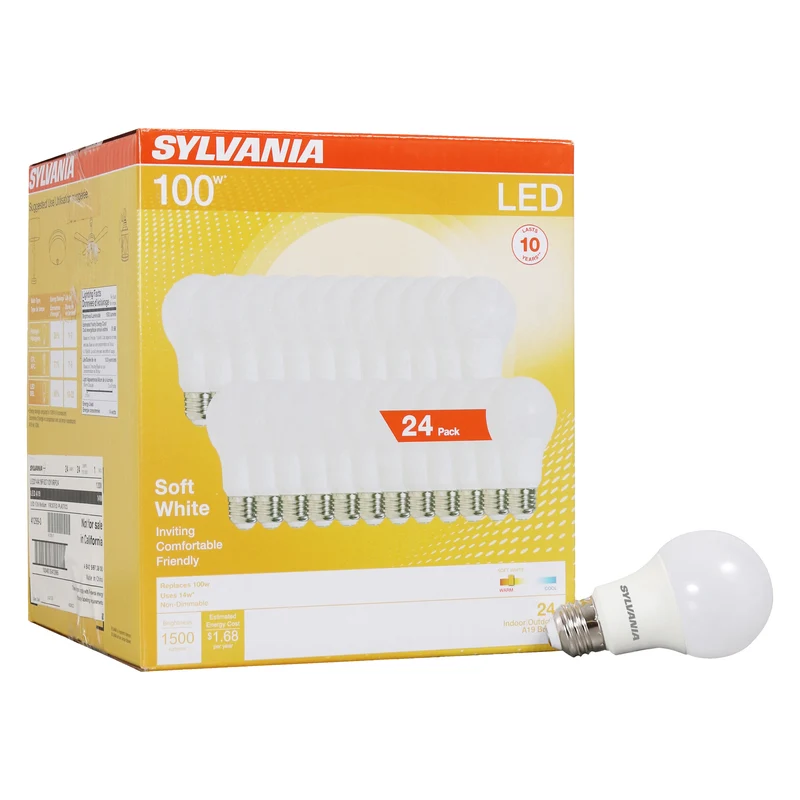 SYLVANIA LED A19 Light Bulb, 100W = 14W, Non-Dimmable, Frosted Finish, 1500 Lumens, 2700K, Soft White - 24 Pk