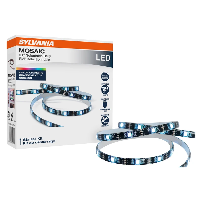 SYLVANIA 6.6ft USB RGB Flexible Light Strip Starter Kit, 16 Dimmable Colors with RF Remote Control, Black - 1 Pk