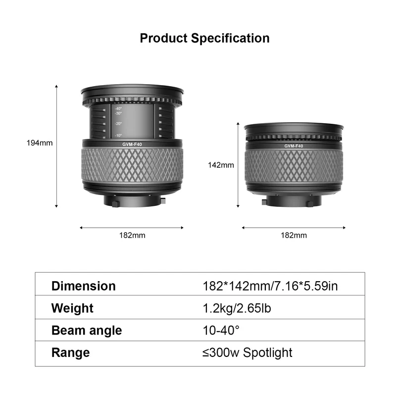 GVM F40 Fresnel Attachment for LED Light Spotlight(300W or less)