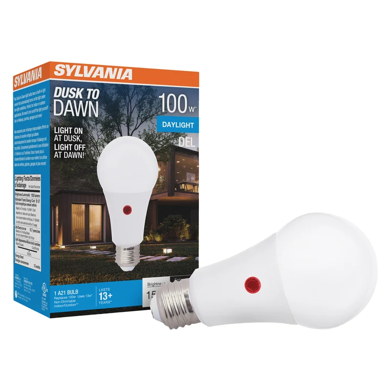 SYLVANIA Dusk to Dawn A21 LED Light Bulb with Auto On/Off Light Sensor, 100W=13W, 1500 Lumens, 5000K, Daylight - 1 PK
