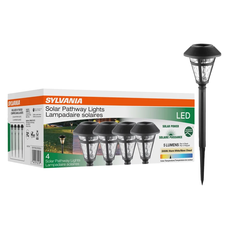 SYLVANIA 15.7" Solar Décor Path Light with Daylight Sensor, LED, 1 Lumen, 3000K, Warm White, Black Finish - 4 PK