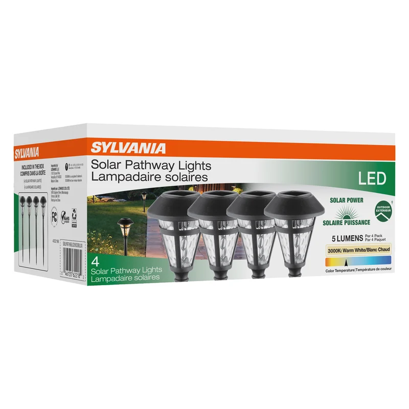 SYLVANIA 15.7" Solar Décor Path Light with Daylight Sensor, LED, 1 Lumen, 3000K, Warm White, Black Finish - 4 PK