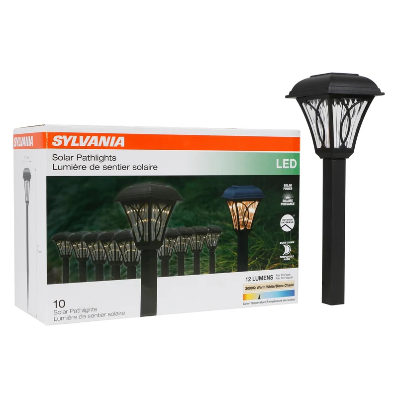 SYLVANIA 14" Solar Décor Path Light with Daylight Sensor, LED, 1 Lumen, 3000K, Warm White, Black Finish - 10 PK