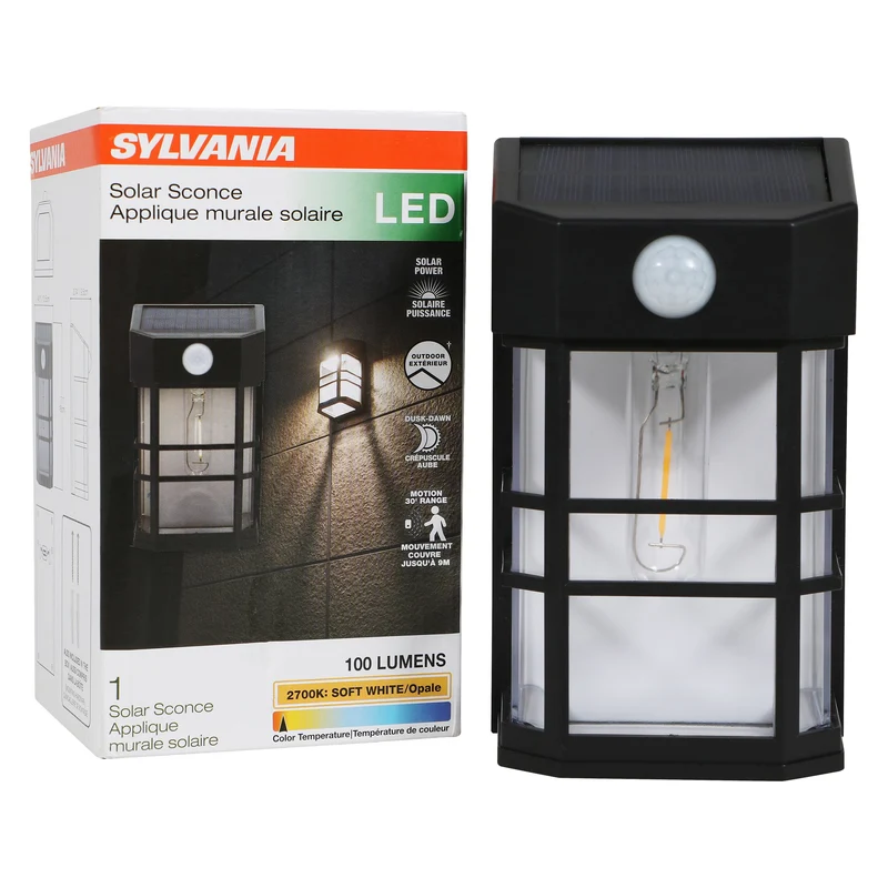 SYLVANIA Solar Wall Mount Square Lantern Light with PIR Sensor, LED and Battery Included, 100 lm, 2700K, Soft White, Silver Finish