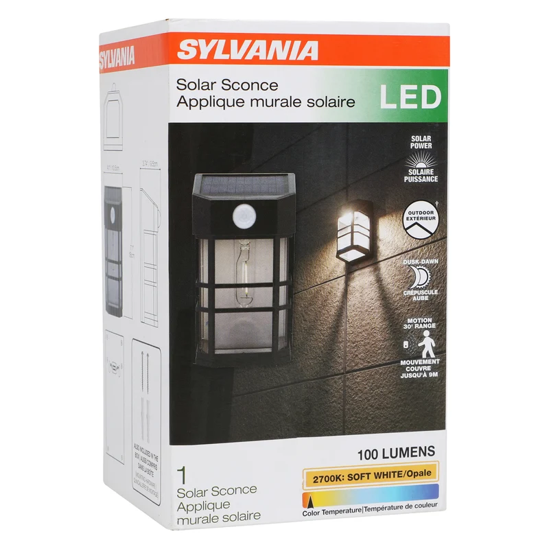 SYLVANIA Solar Wall Mount Square Lantern Light with PIR Sensor, LED and Battery Included, 100 lm, 2700K, Soft White, Silver Finish
