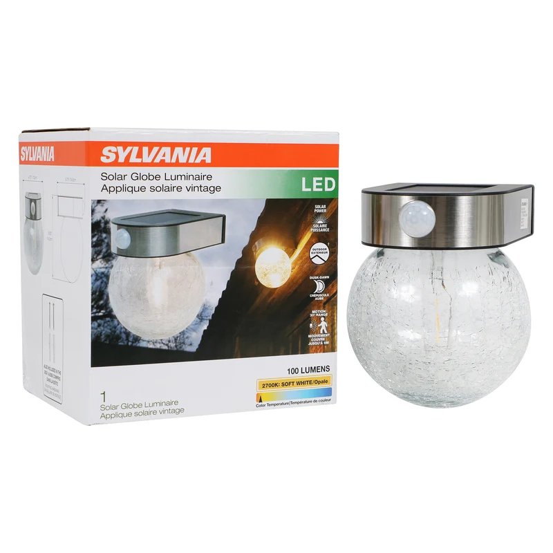 SYLVANIA Solar Wall Mount Globe Lantern Light with PIR Sensor, LED and Battery Included, 100 lm, 2700K, Soft White, Black Finish