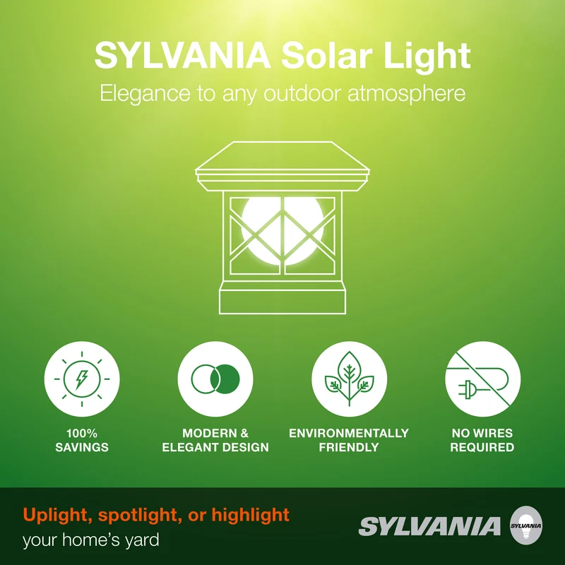 SYLVANIA Solar Fence Top Mount Luminaire with Daylight Sensor, LED and Battery Included, 8 lm, 3000K, Warm White, Black Finish - 1 PK