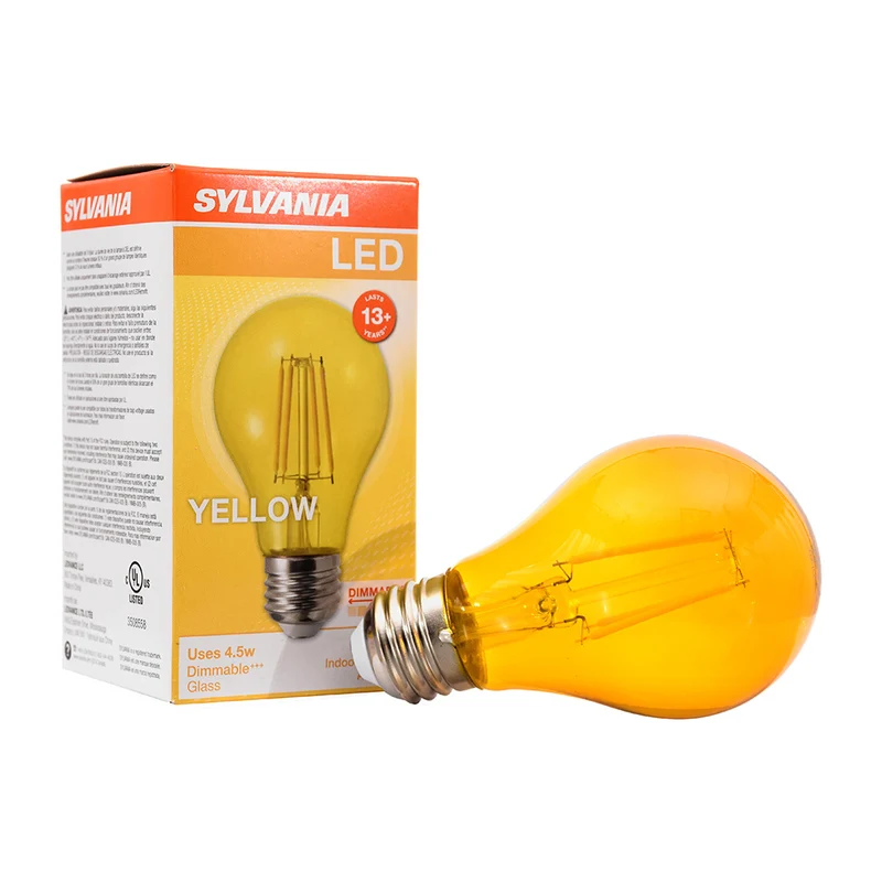 SYLVANIA LED Yellow Glass Filament A19 Light Bulb, 40W = 4.5W, Dimmable, E26 Medium Base - 1Pk