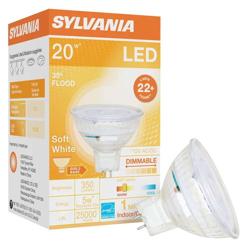SYLVANIA MR16 Ultra LED Light Bulb, 35W = 6W, GU5.3 Base, Dimmable, 3000K, Bright White