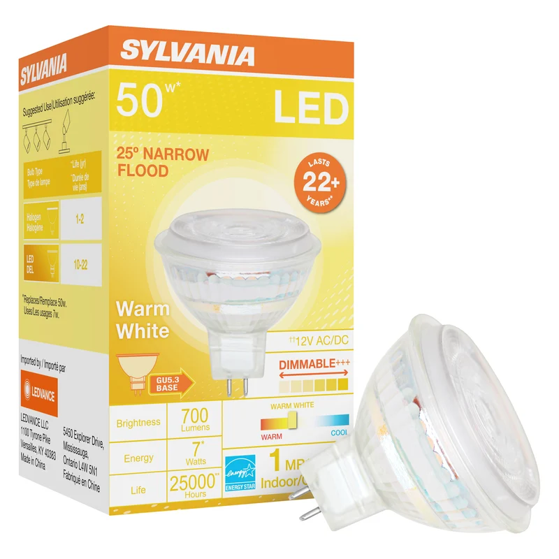SYLVANIA LED Flood MR16 Light Bulb, 50W = 7W, GU5.3 Bi-Pin Base, 25 / 35 Degree Angle, Dimmable, 2700K / 3000K, Soft White / Bright White