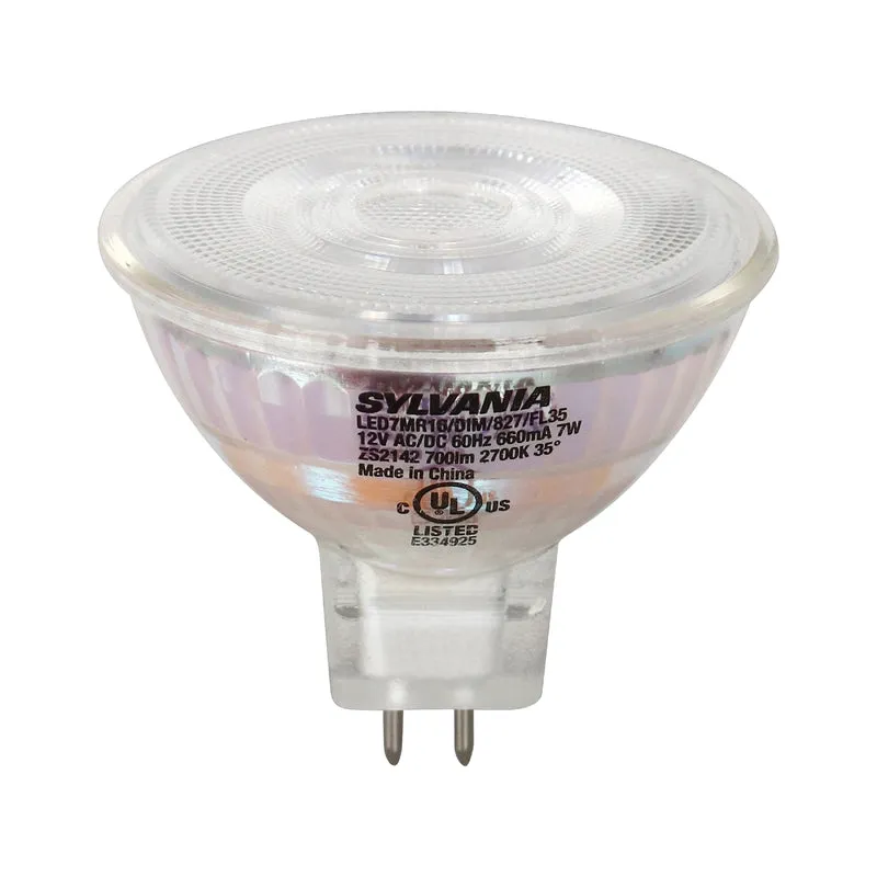 SYLVANIA LED Flood MR16 Light Bulb, 50W = 7W, GU5.3 Bi-Pin Base, 25 / 35 Degree Angle, Dimmable, 2700K / 3000K, Soft White / Bright White