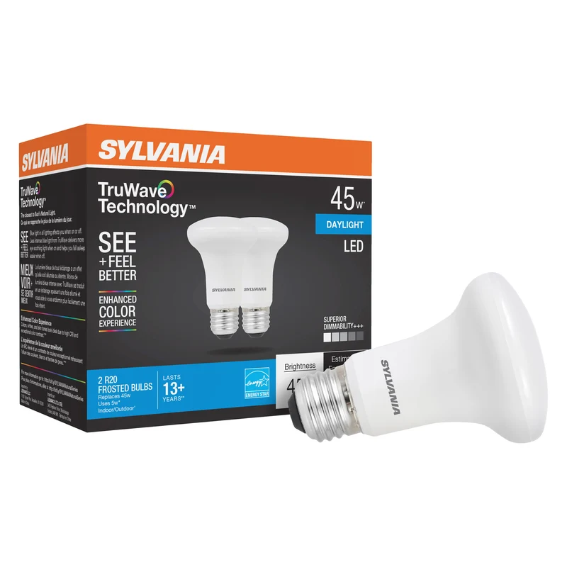 SYLVANIA LED TruWave R20 Light Bulb, 50W = 5W, Dimmable, Medium Base, Frosted, 5000K, Daylight - 2 PK