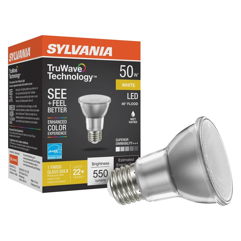 SYLVANIA LED TruWave PAR20 Light Bulb, 50W = 6W, Medium Base, Dimmable, 3000K, White - 1 PK