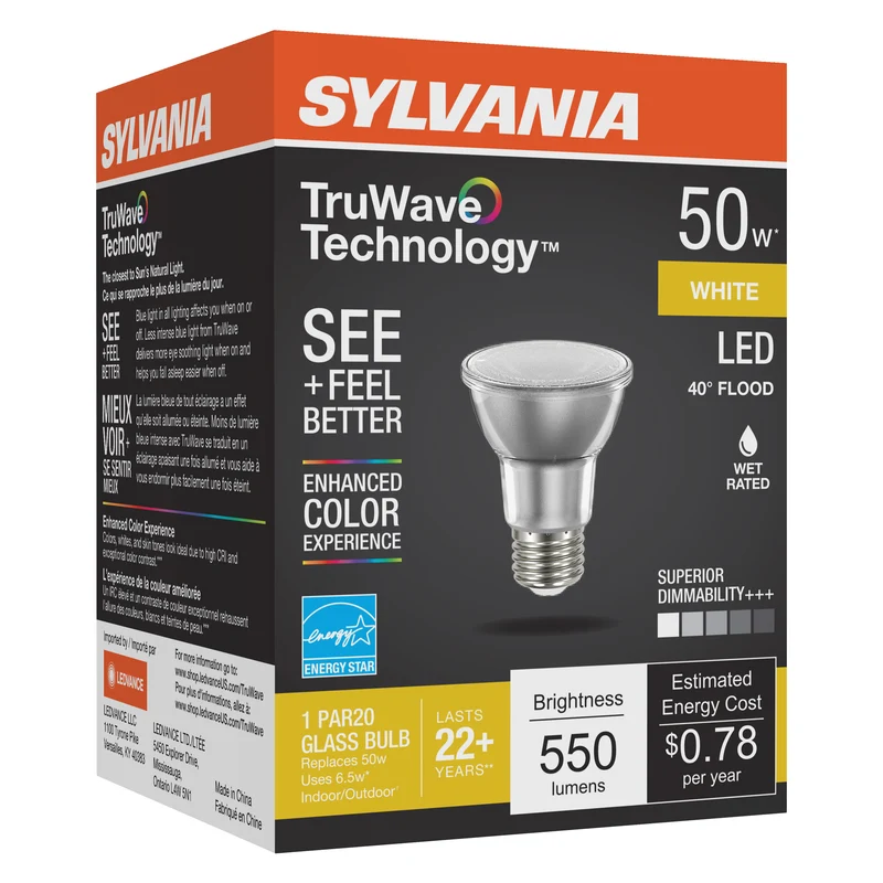 SYLVANIA LED TruWave PAR20 Light Bulb, 50W = 6W, Medium Base, Dimmable, 3000K, White - 1 PK