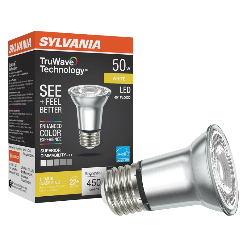 SYLVANIA LED TruWave PAR16 Light Bulb, 50W = 6W, Medium Base, Dimmable, 3000K, White - 1 PK