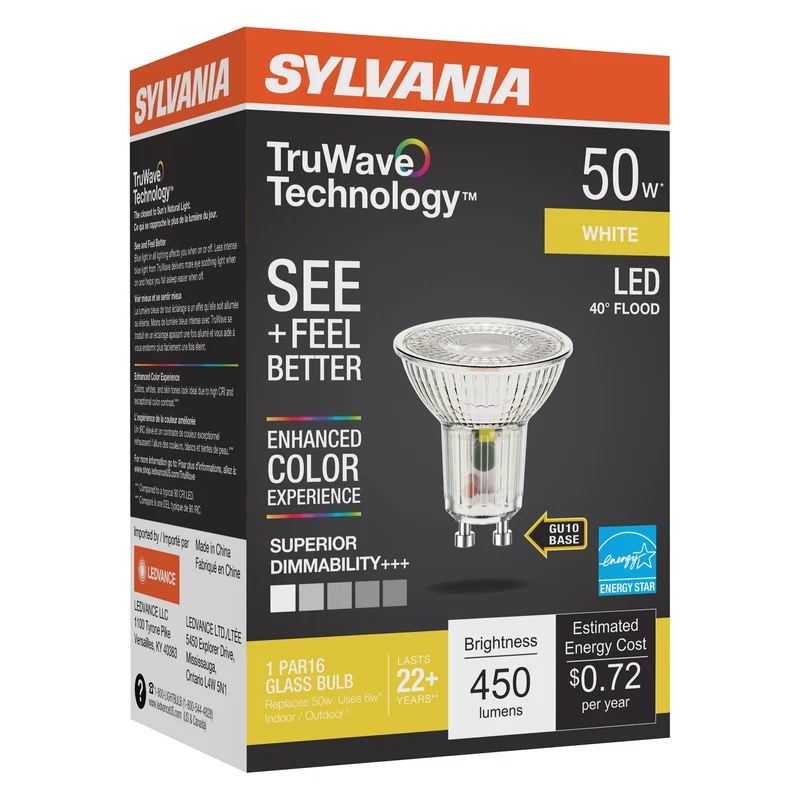 SYLVANIA LED TruWave PAR16 Light Bulb, 50W = 6W, GU10 Bi-Pin Base, Dimmable, 3000K, White - 1 PK