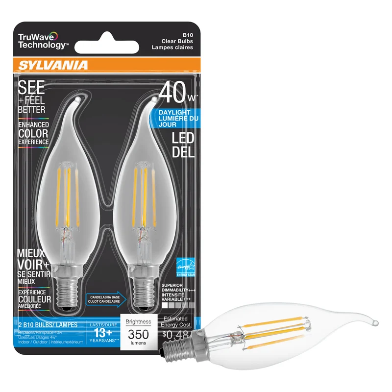 SYLVANIA LED TruWave Décor B10 Light Bulb, 40W = 4W, Dimmable, Candelabra Base, Clear 5000K, Daylight - 2 Pk